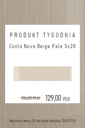 Costa Nova Beige Pale 5×20 Produkt tygodnia Costa Nova Beige Pale 5×20 Ten model płytek Costa Nova może i sam jest blady, jednak jednocześnie jest odpowiedzialny za wiele rumieńców. To nowoczesne kafelki ścienne w kształcie smukłego prostokąta i w kolorze delikatnego beżu doskonale wpisującego się we współczesne trendy aranżacyjne. Costa Nova Beige Pale to kafelki w połysku, dzięki czemu przyciągają...