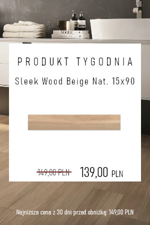 Sleek Wood Beige Nat. 15×90 Produkt tygodnia Sleek Wood Beige Nat. 15×90 Drewnopodobne płytki Sleek Wood to włoska elegancja w prostokątnym kształcie. To kafelki gresowe na ściany i podłogi, których matowa powierzchnia jest imitacją drewna. Delikatny, ciepły beż i subtelne, harmonijne usłojenie łączą się w doskonałe wykończenie do przytulnych mieszkań. Kafle drewnopodobne Sleek Wood rozświetlą kuchnię, łazienkę, salon czy przedpokój....